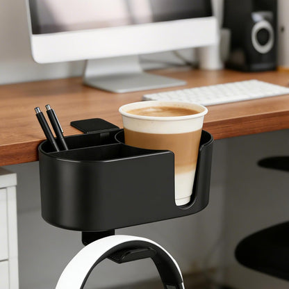 MYITYARD Desk Cup Holder Clamp, Anti-Spill Clip On Table Cup Holder, Rotatable Water Bottle Stand Drink Coffee Mug Storage, Office Accessories for Home and School (Black)
