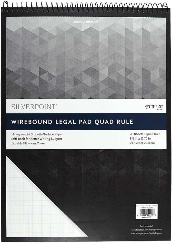 Silverpoint Top Wire Pad, Heavy Back, Quadrille Rule, 8.5 x 11.75 Inches, 70 Sheets, Protective Cover, Blue/Black (51070)