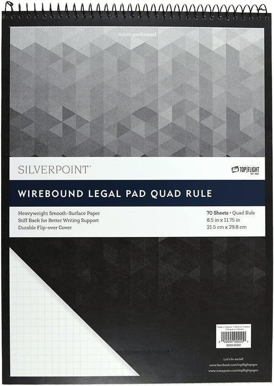 Silverpoint Top Wire Pad, Heavy Back, Quadrille Rule, 8.5 x 11.75 Inches, 70 Sheets, Protective Cover, Blue/Black (51070)