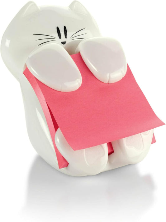 Post-it Dispenser, Sticky Note Holder, White Cat Design, Includes 45 Pop-Up Sheets of 3 in x 3 in Pink, Sticky Notes Holder for Desk, Classroom or Office Supplies