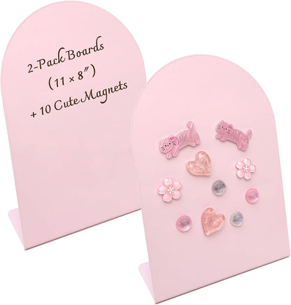 Pink Magnetic Board for Desk, 2 Pack 11×8 Inch Arch Metal Magnet Board with Stand, Memo & Photo Display, 10 Magnets Included, Desk Decor for Girls, Office & Dorm