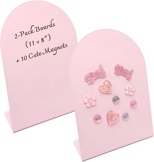 Pink Magnetic Board for Desk, 2 Pack 11×8 Inch Arch Metal Magnet Board with Stand, Memo & Photo Display, 10 Magnets Included, Desk Decor for Girls, Office & Dorm