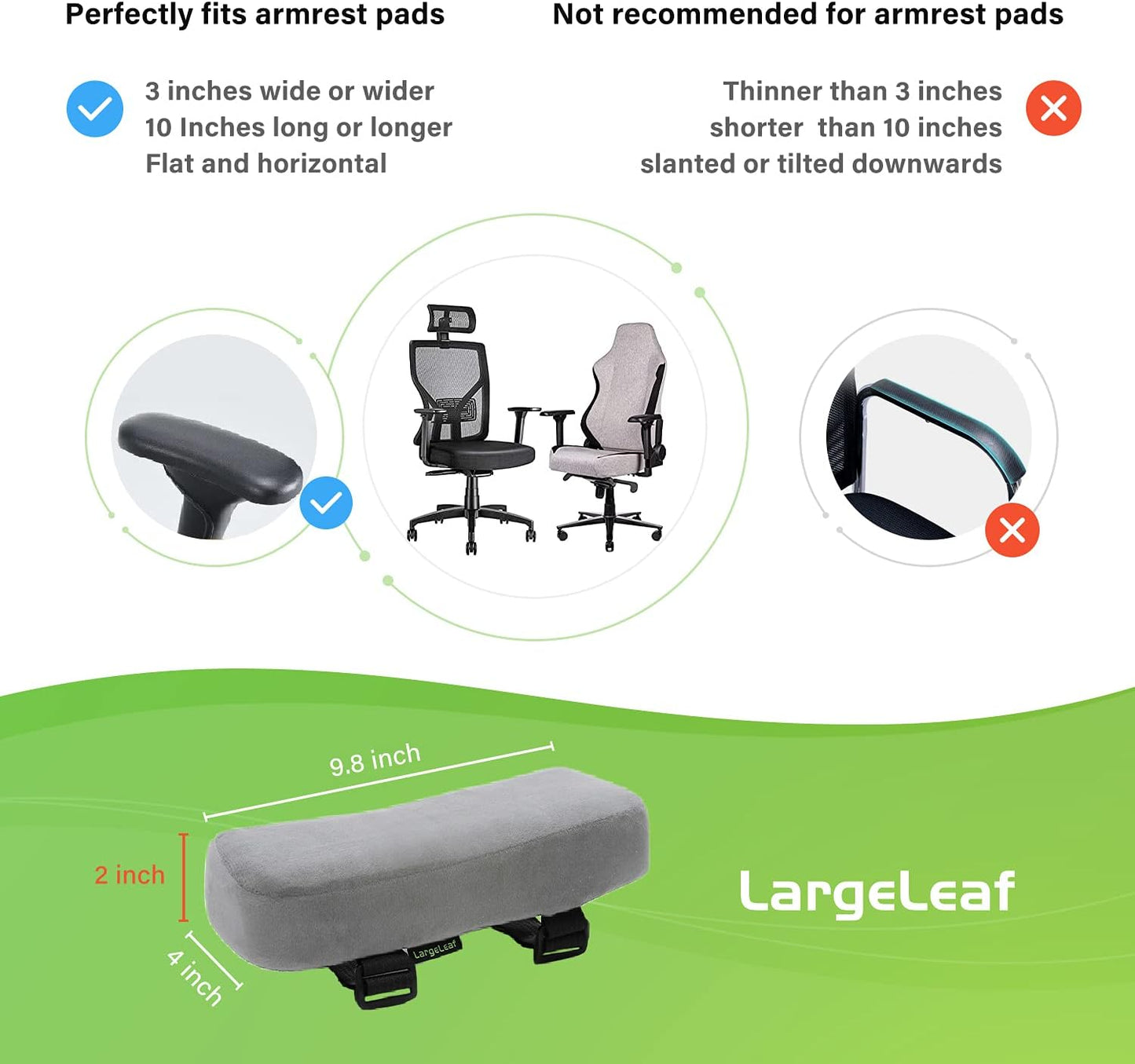 LargeLeaf Extra Thick 2 inches Chair with Memory Foam Armrest Pads 2-Piece Set (Black)