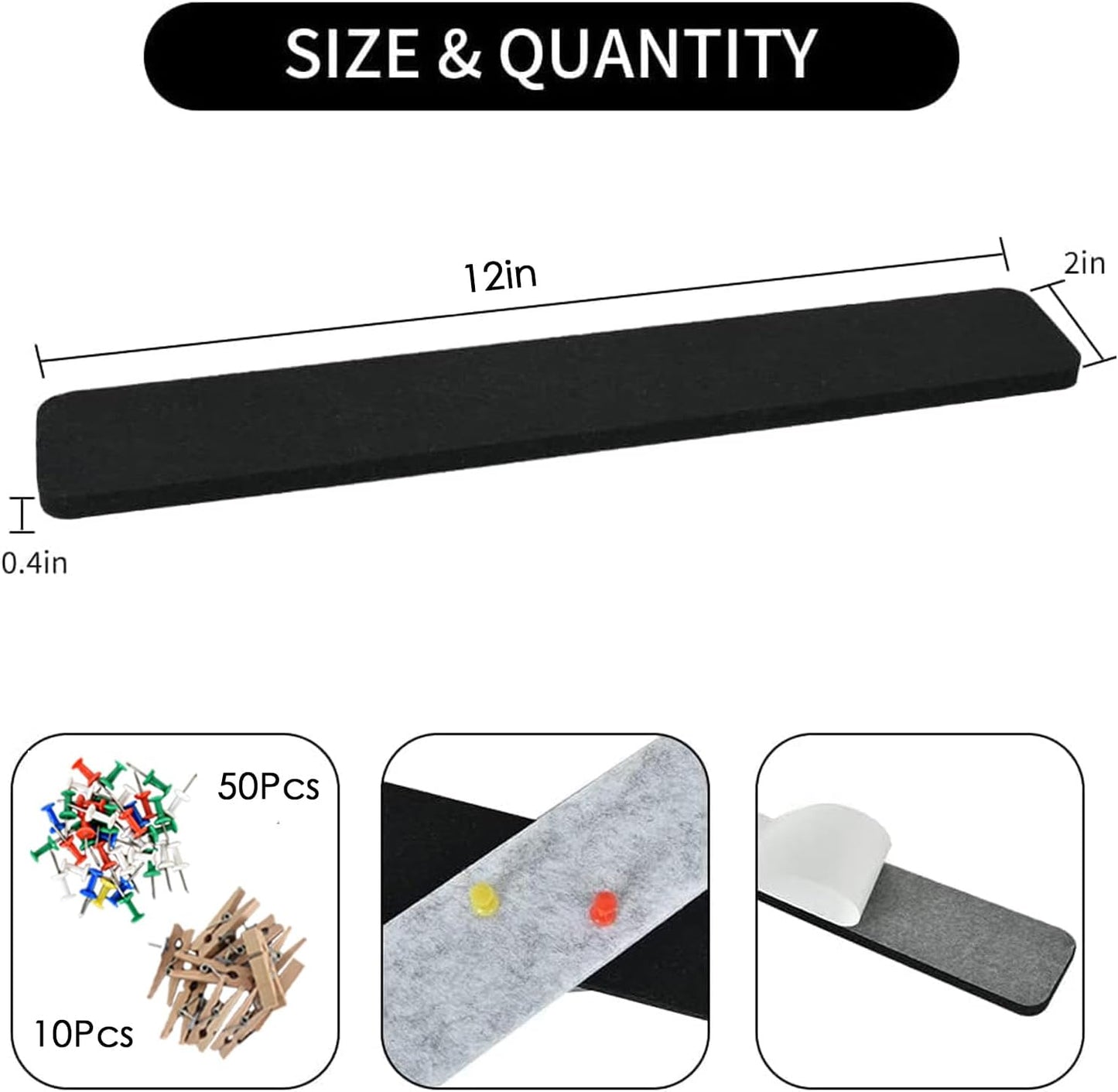 Vuzvuv 8 pcs Bulletin Board Bar Strips with 50 Pushpins & 10 Wooden Clip pins，Self Adhesive Cork Board for Wall，Felt Pin Board for School，Office Decor（Black White Grey）