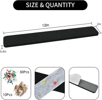 Vuzvuv 8 pcs Bulletin Board Bar Strips with 50 Pushpins & 10 Wooden Clip pins，Self Adhesive Cork Board for Wall，Felt Pin Board for School，Office Decor（Black White Grey）