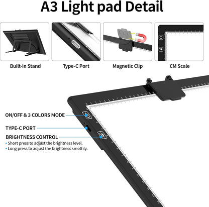 HIUKCOLED Rechargeable A4 Light Pad, Battery Powered Light Board with Carry Bag, Built-in Top Clip＆Stand, Stepless Dimmable＆6-Level Brightness Adjustable, Wireless LED Tracing Box for Weeing Vinyl