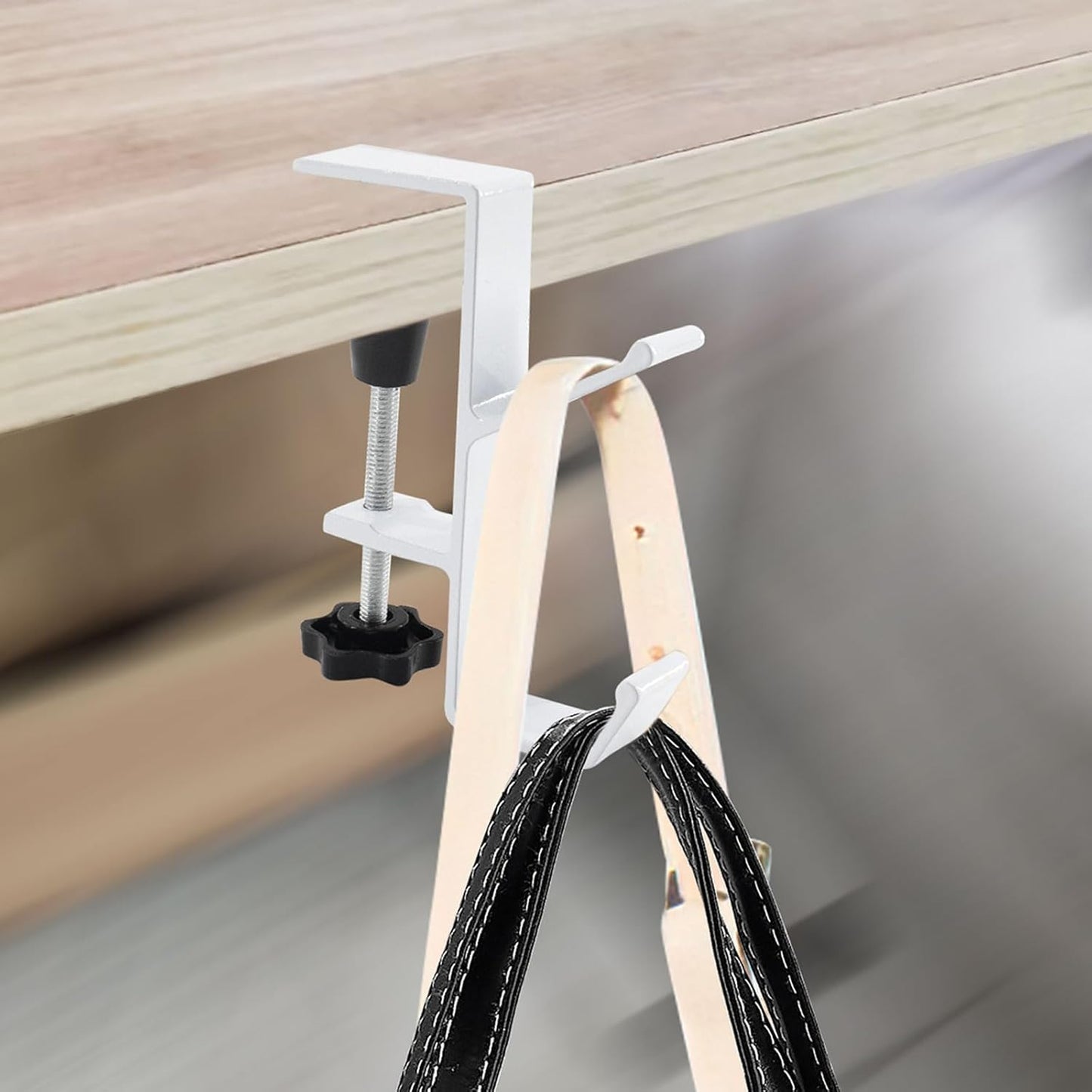 Desk Mount Bag Holder Hook Clamp-On Backpack Hanger Portable Desk Mount Headphones Holder Reduce Desk Clutter for Table Desk, Under Counter (Black)