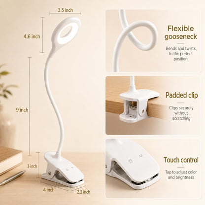 LACOKI Clip on Rechargeable Reading Light for Bed, 3 Color x 3 Brightness 28 LEDs Desk Light, Eye-Caring Desk Lamp with Clamp for Headboard, Table, Desk