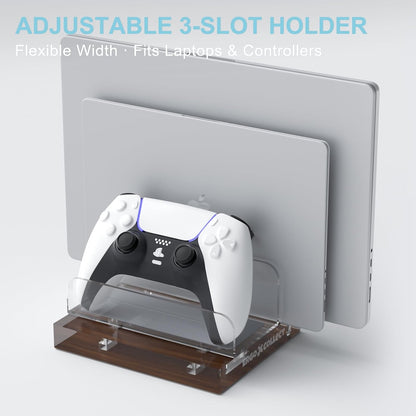 Vertical Laptop Stand for Desk – Adjustable Dual Slot Holder (Fits 2 Laptops & Controller), with Matching Headphone Stand & Phone/Tablet Holder, Acrylic Wood Finish