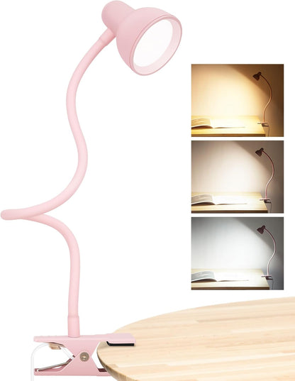 Clip on Lamp USB Reading Light, 3 Color Modes, 10 Brightness Dimmable, 360° Flexible Desk Lamp with Clamp, Eye Care Clip on Light for Bed Desk Headboard Home Dorm White