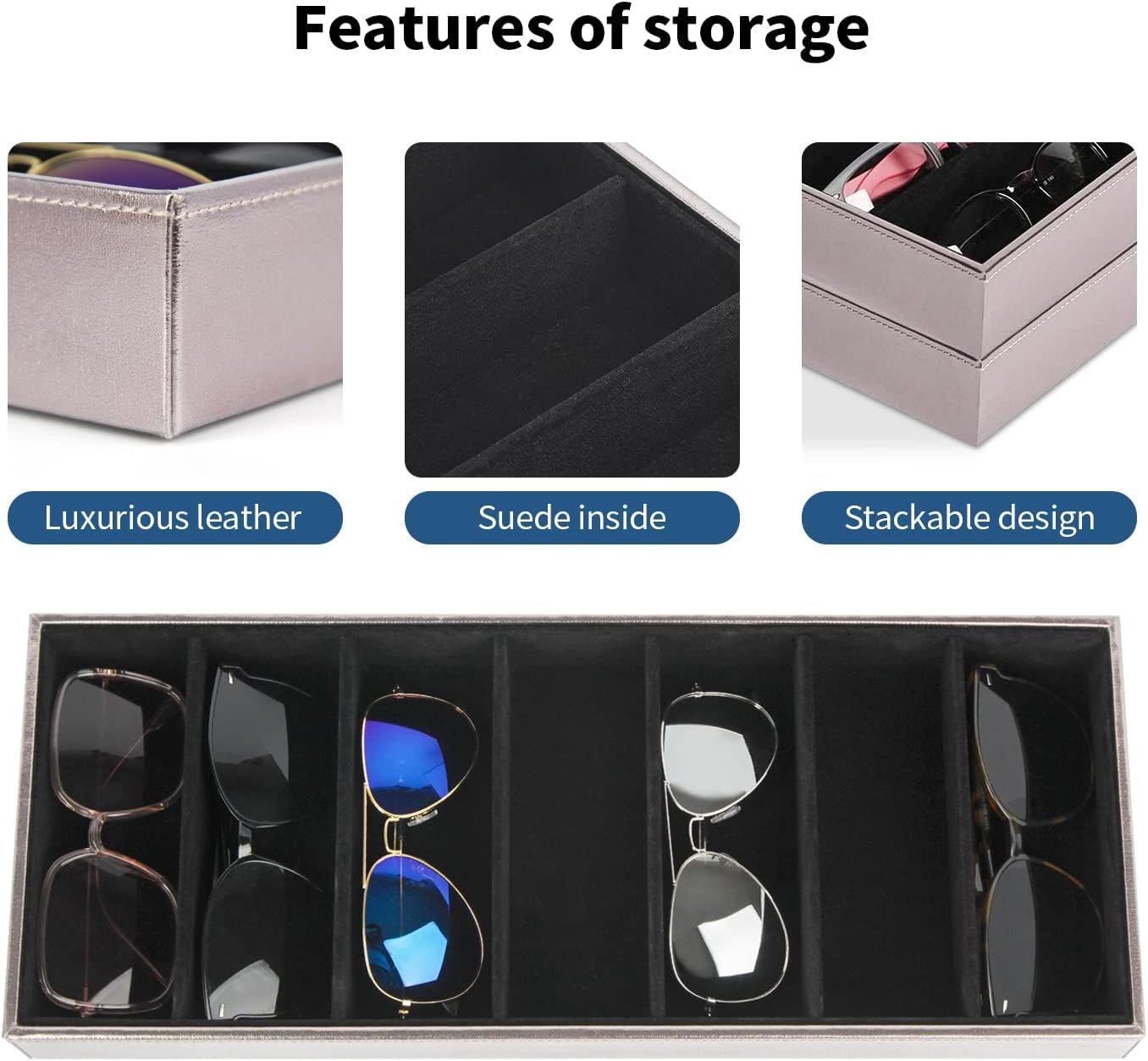 J JACKCUBE DESIGN 7 Slot Sunglasses Organizer, Leather Eyeglass Storage Tray Box for Table, Desk, or Drawer - MK378