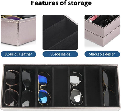 J JACKCUBE DESIGN 7 Slot Sunglasses Organizer, Leather Eyeglass Storage Tray Box for Table, Desk, or Drawer - MK378