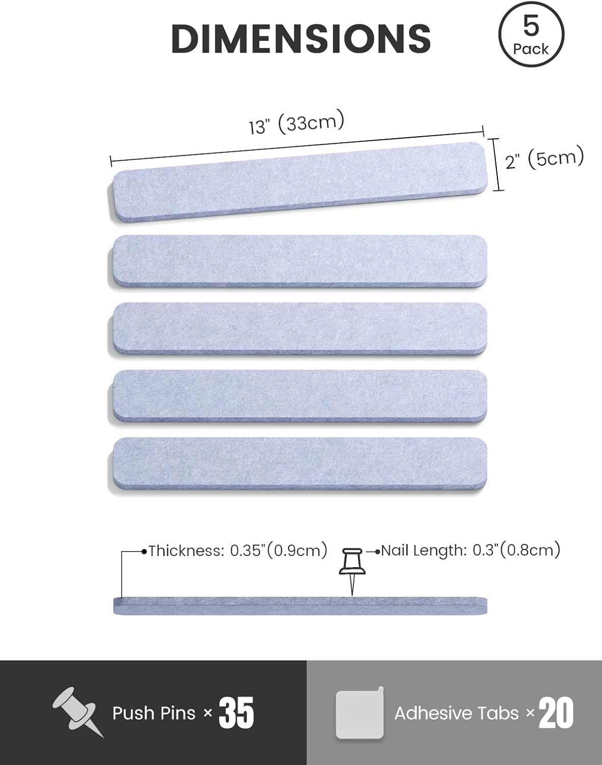 Fluxynara Cork Board Alternative Felt Strip Board 8-Pack 13"x2", Office Pin Board with 50 Push Pins, Adhesive Install for Bedroom Door & Home Office(Linen Dusk)