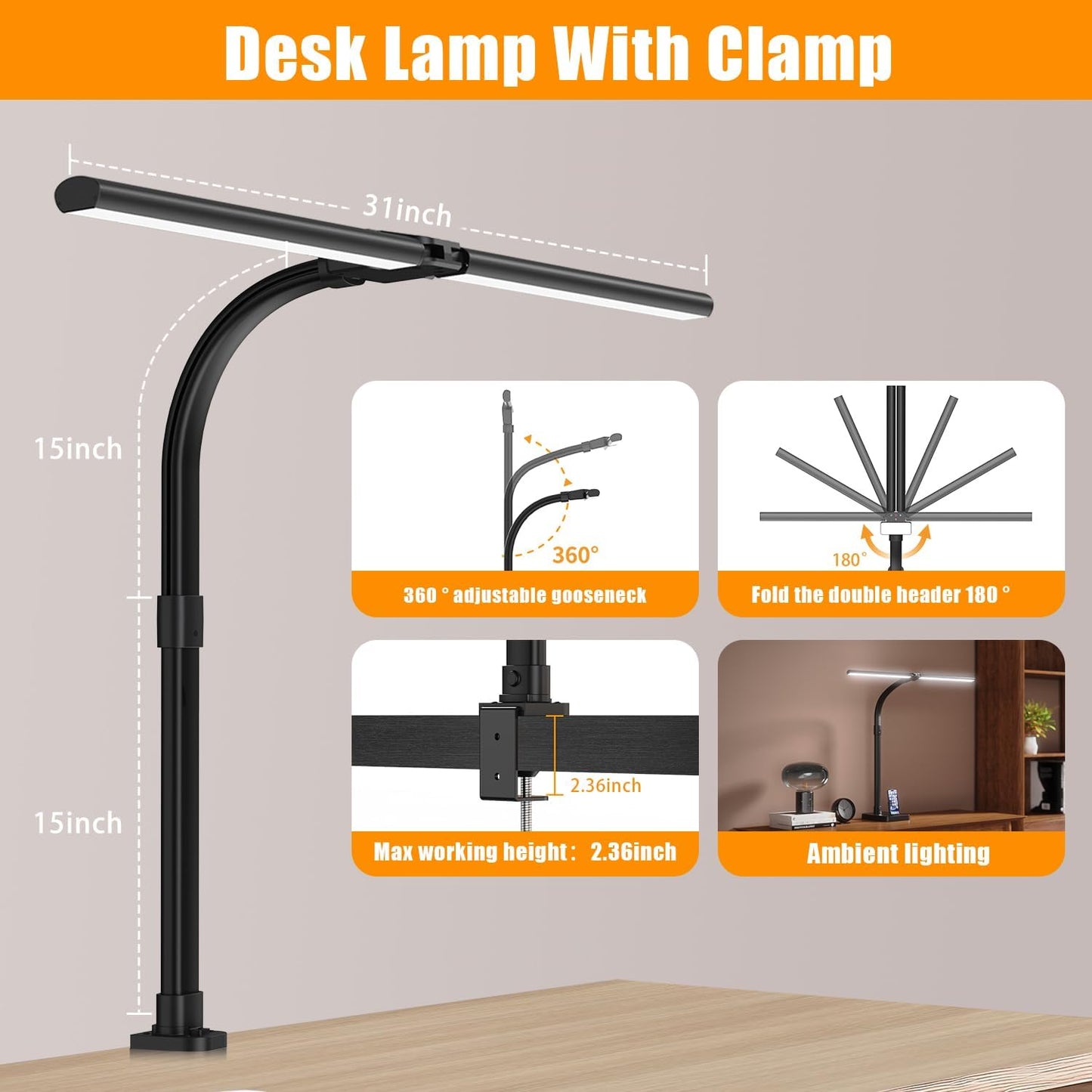 AKRRYR LED Desk Lamp for Home Office, Double Head 24W with Base, Architect Light 5 Lighting Brightness Flexible Gooseneck Table Reading Study, Black