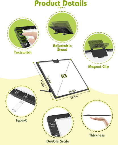 A3 Light Board Diamond Painting, Rechargeable Battery Light Box Tracing, Diamond Art Light Board with Stand and Clip, for Drawing, Sketching, Animation