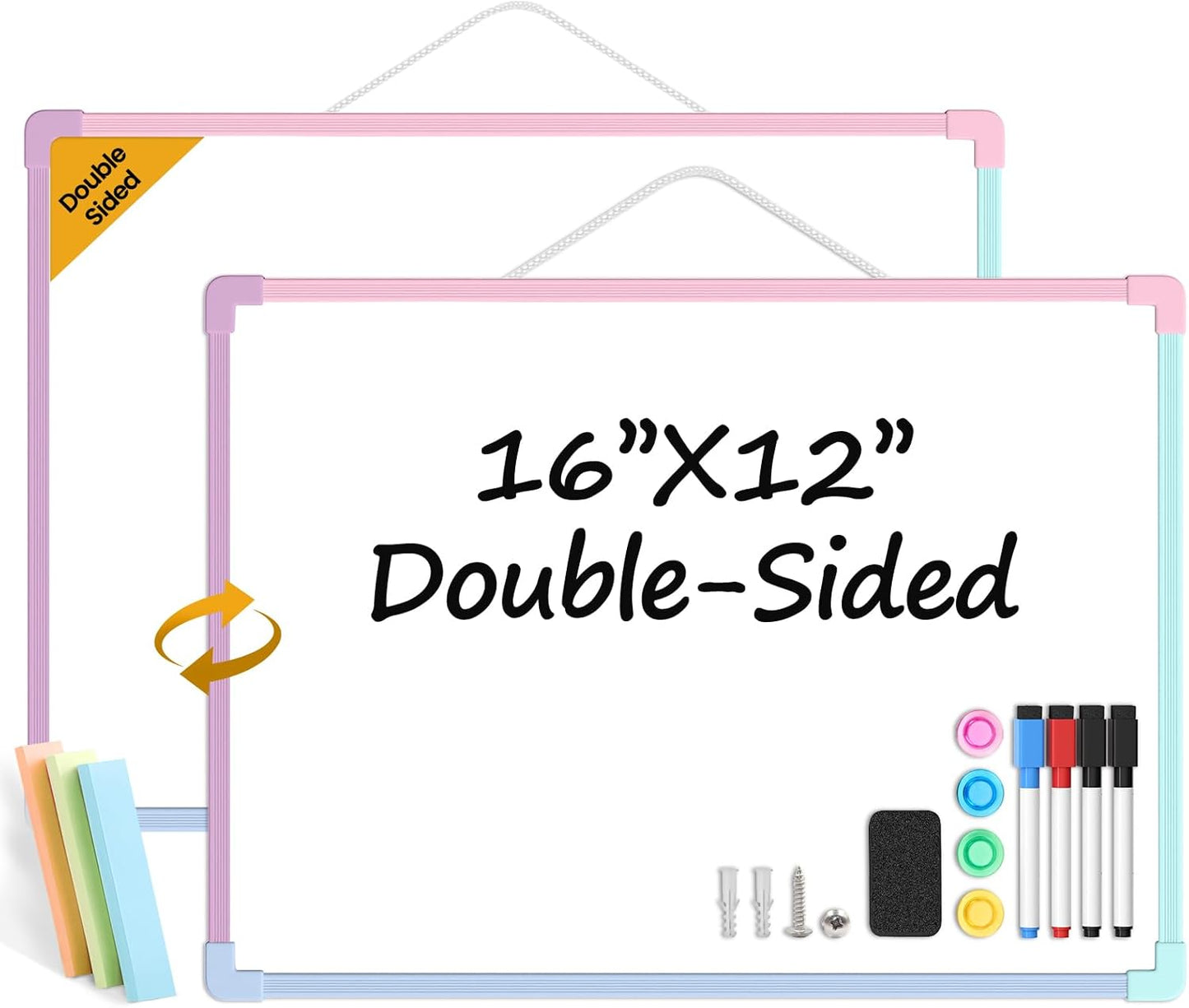 Small Dry Erase Board for Wall, 16" x 12" Double-Sided Hanging Whiteboard, Magnetic White Board with 4 Markers, 4 Magnets and 3 Mini Sticky Notes, Portable Whiteboard for Kids, School, Home, Office