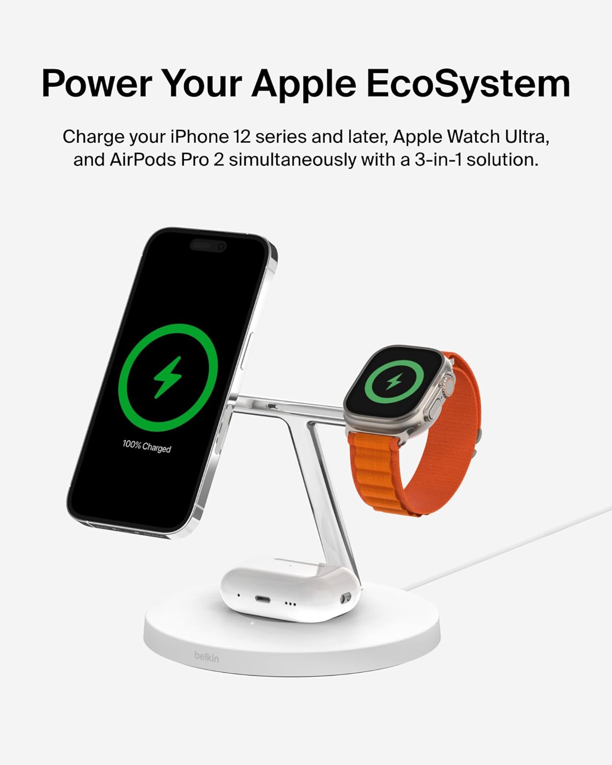 Belkin MagSafe-Compatible iPhone Charger, 3-in-1 Wireless Charging Station, Qi2-Certified 15W Wireless Charge for Apple iPhone 17 Series, Apple Watch, AirPods w/Non-Slip Base, 40W Included - Black