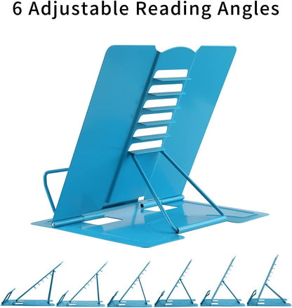 MSDADA Desk Book Stand Metal Reading Rest Book Holder Adjustable Cookbook Documents Holder Bookstands for Recipes Textbook Music Books, the First Day of School Gift for Students, Teachers (Light Blue)