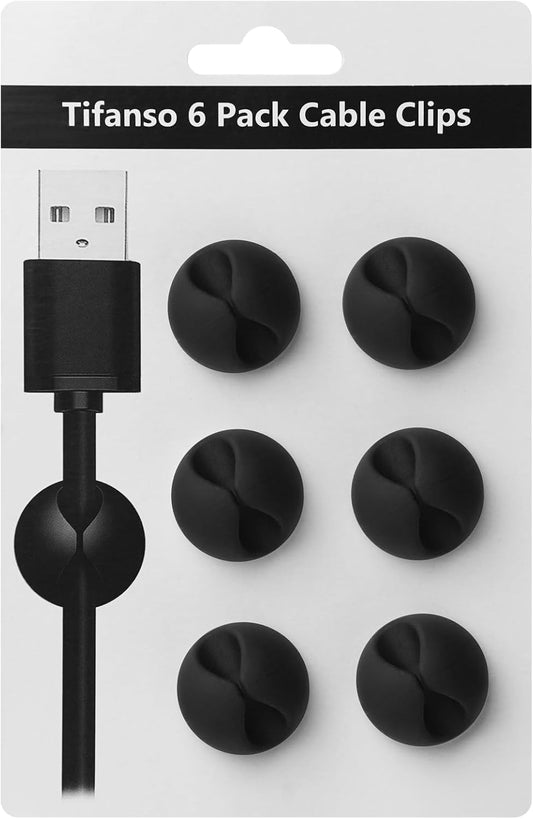 tifanso 6PCS Cable Clips Black - Adhesive Cord Cable Clips Holder Wire Organizer for Desk, Wire Holders for Cords, Nightstand, Home and Office