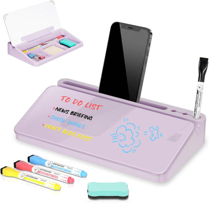 DOLLAR BOSS Glass Desk Whiteboard Calendar Small Dry Erase Board Desktop White Board with Storage Drawer Computer Keyboard Stand Desk Organizer, Colorful Weekly Calendar, Black
