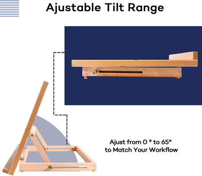 Artkey Beech Wood Tabletop Easel, Adjustable 0-65° Desktop Drawing Board for Painting, Sketching & Drafting, Folds Flat Portable Art Easel with Shoulder Strap, 17.3" x 12.9"