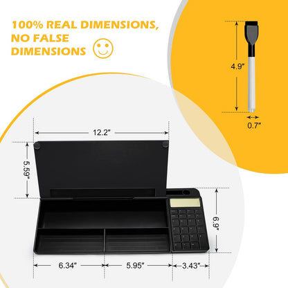 Desktop Glass Whiteboard with Mirror & Calculator(12 Digit LCD Display) & Ruler Marker,Tilted Computer Keyboard Stand with Dry Erase Board Surface, Desk Organizers with Accessories,Black