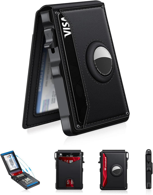 Airtag Wallet for Men, Mens Smart Wallet for Air Tag RFID Blocking, Minimalist Bifold Pop Up Aluminum Credit Card Case Holder 12+ Cards with ID Window, Gift for Men, No Airtag Included, Carbon Blue