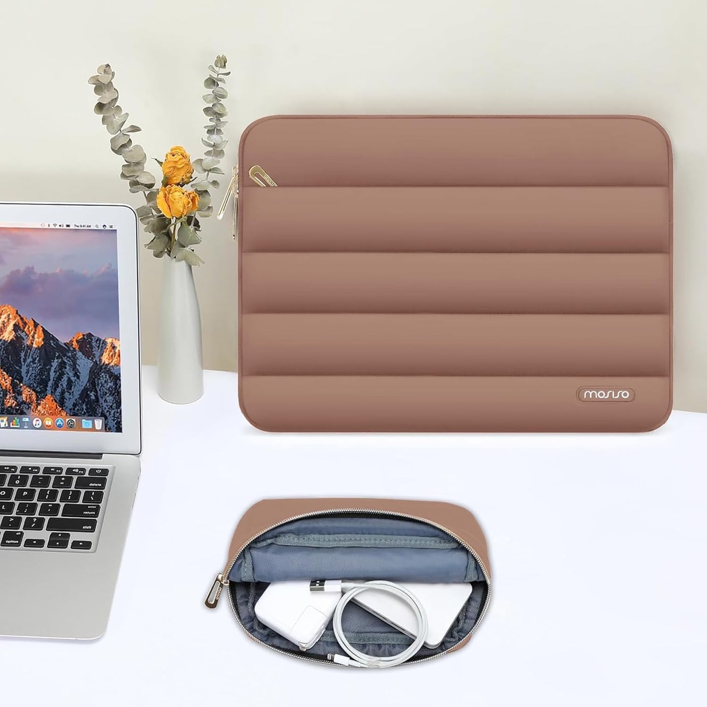 MOSISO Laptop Case 13.3 inch,13-13.3 inch Puffy Laptop Sleeve Compatible with MacBook Neo/Air 13.6 M5 M4 M3 M2 M1/Pro 13/14,HP Dell ASUS Lenovo,Polyester Horizontal Bag with Small Case, Sand