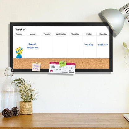Magnetic Weekly Dry Erase White Board and Cork Board, Black Wood Frame，Magnetic Surface Whiteboard for Home Office and Wall Decor(ZHZL-2040BK)