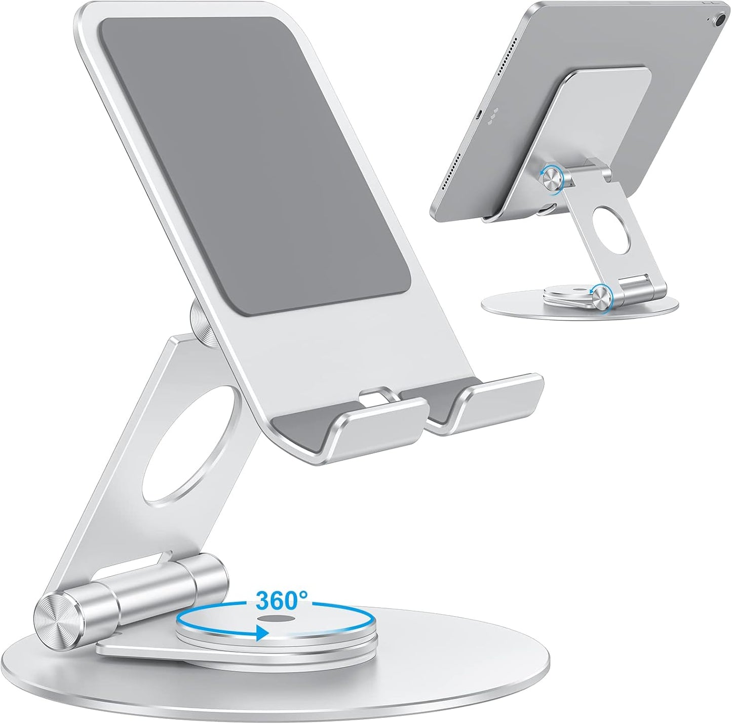 OMOTON T6 Swivel Tablet Stand for iPad with 360 Rotating Base, Foldable Adjustable Holder for Drawing, Compatible with iPad Pro/Air/Mini and More, Silver