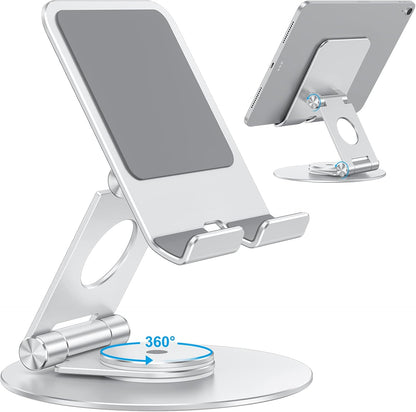 OMOTON T6 Swivel Tablet Stand for iPad with 360 Rotating Base, Foldable Adjustable Holder for Drawing, Compatible with iPad Pro/Air/Mini and More, Silver