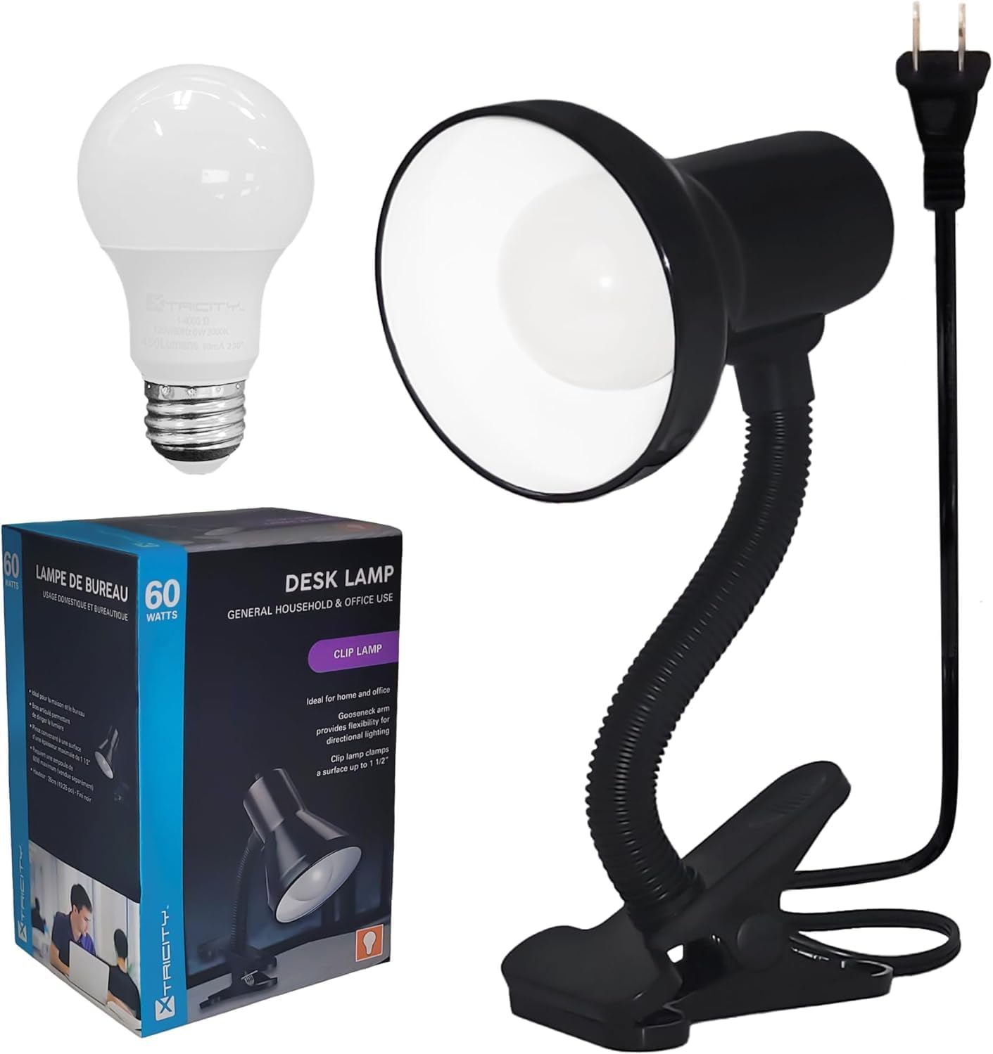 Xtricity LED Clip on Desk Lamp with 360° Flexible Gooseneck, Reading Light for Bed Headboard– A19 Bulb Included, 120V, On/Off Switch, 10.25” Height Table Lamp with White Finish