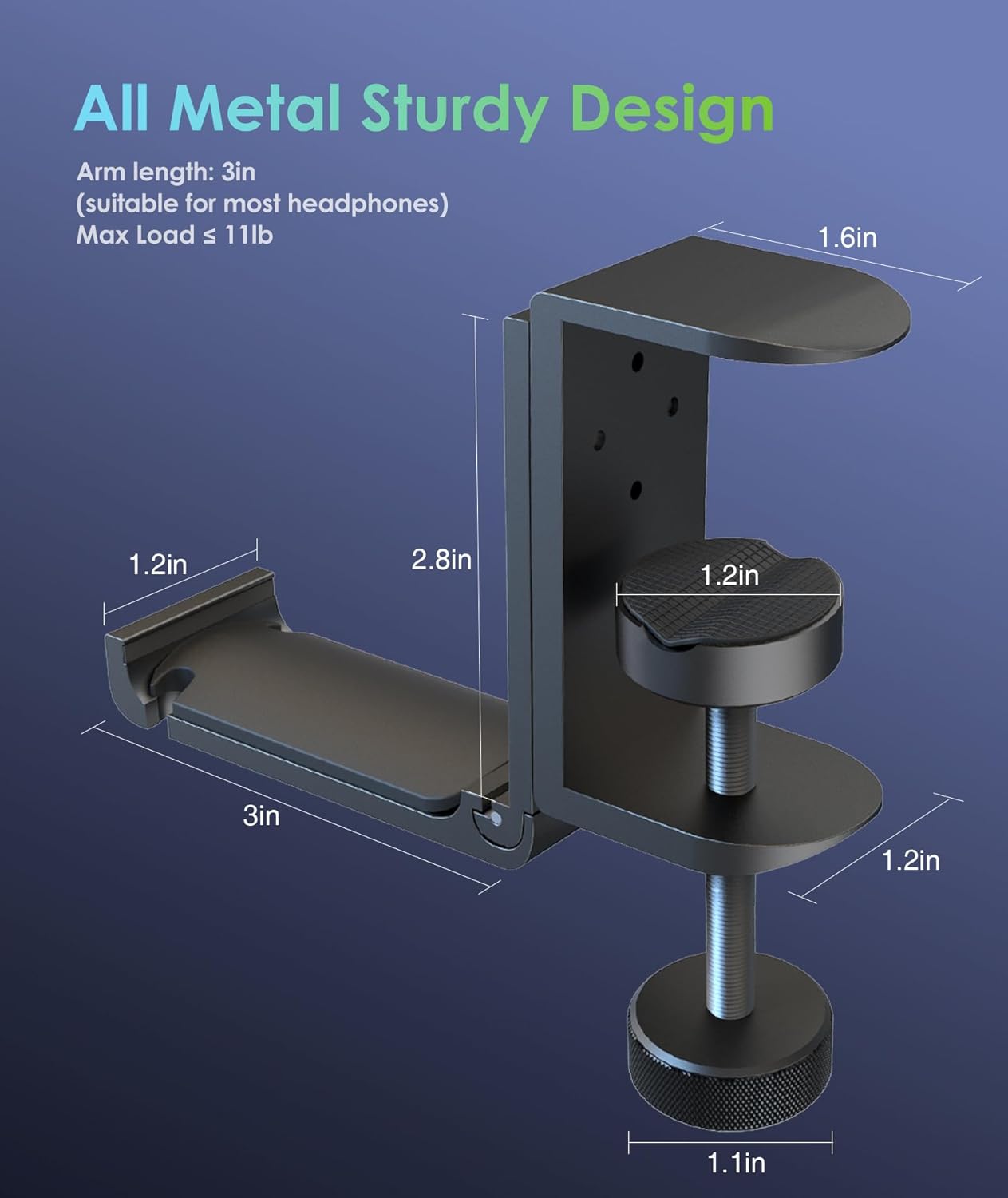 6amLifestyle Foldable All Aluminum Headphone Hook Holder for Desk, Under Desk Headphone Hanger Stand with Cable Organizer, Headset Holder Clamp for PC Gaming Headsets, Bag Hooks Accessories