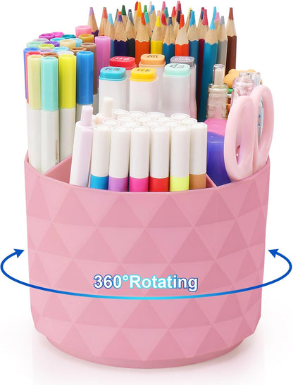 Desk Organizer, 360-Degree Rotating Pencil Pen Holders For Desk, Diamond Pattern Pen Organizer With 5 Compartments, Cute Desk Accessories Decor For Office, School,Home,Art Supply (White)