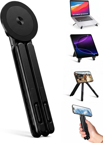 4-in-1 Foldable Laptop Stand & Magnetic Phone Holder, Silver Aerospace Aluminum Portable Desk Mount with N52 MagSafe Compatible Tripod Handle for MacBook Pro, iPad, Travel & Vlogging