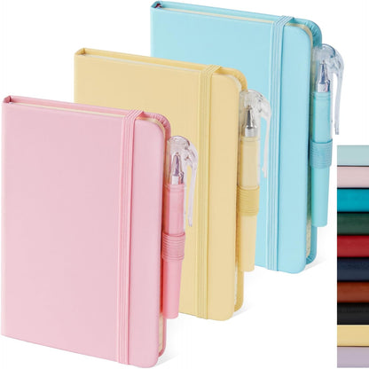 NIRMIRO 3 Pack Pocket Notebook Journals, Small Notepad Notebooks for Note Taking, A6 Mini Note pads with Pen Holder, 408 Lined Pages, 3.7" x 5.7", Black, Brown, Blue