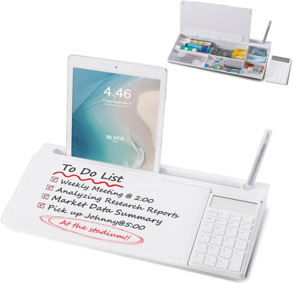 TSJ OFFICE Small Desktop Whiteboard -Glass Dry Erase Board Computer Keyboard Stand White Board Surface Pad with Drawer, Desk Organizers with Accessories for Office, Home, School Supplies - White