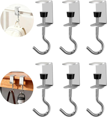 Heavy-Duty Desk Hook Table Clamp Hooks Hanging Bag Backpack, 6 Pcs Metal Rust-Resistant Shelf Hooks, Adjustable Desktop Mounting Hook (6 pcs)