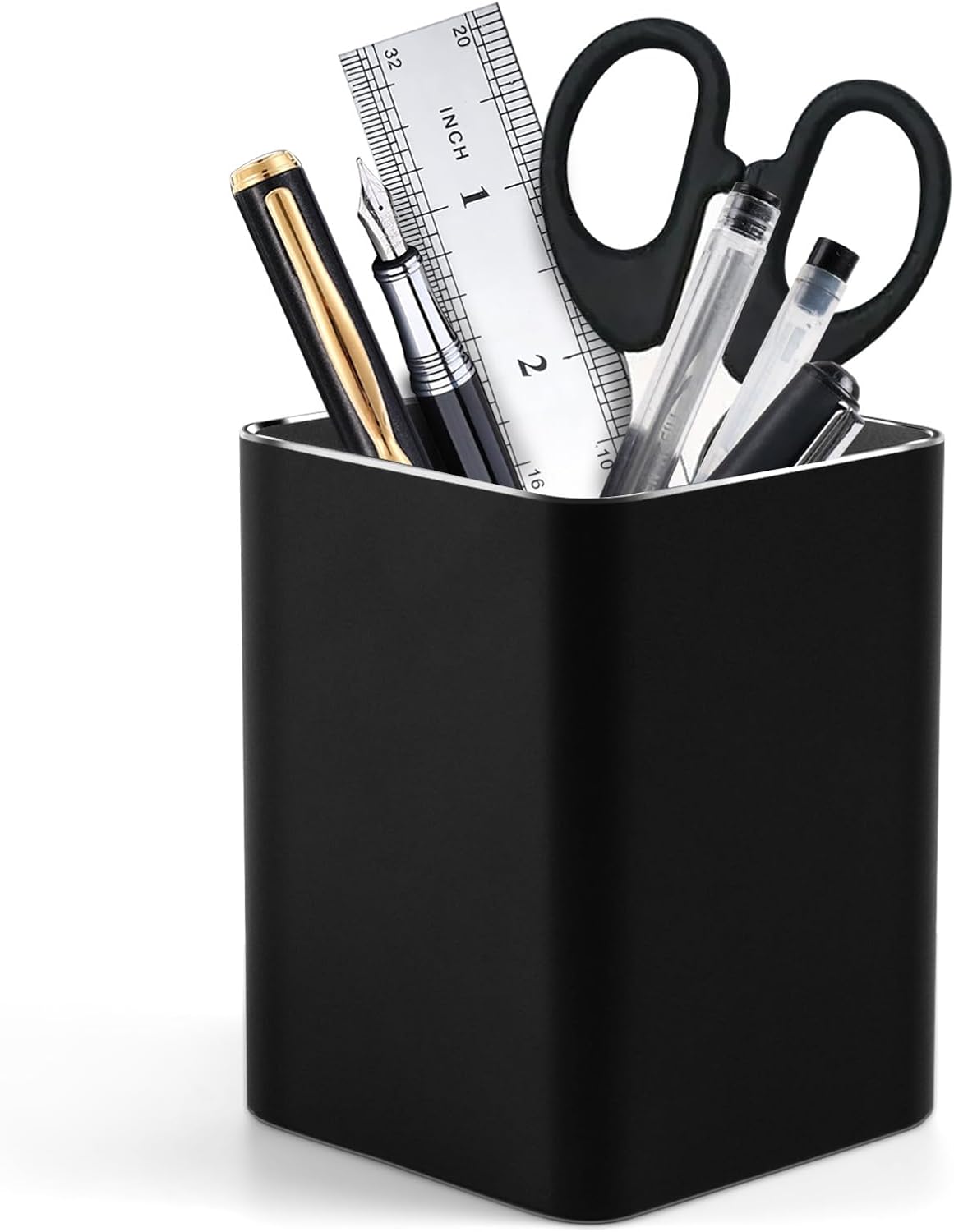 RQB Metal Pen Holder for Desk Square Aluminum Desktop Organizer and Makeup Brush Holder Storage Box for Office, School, Home, and Kids, Non-slip silicone 4×3.15inch-Gray