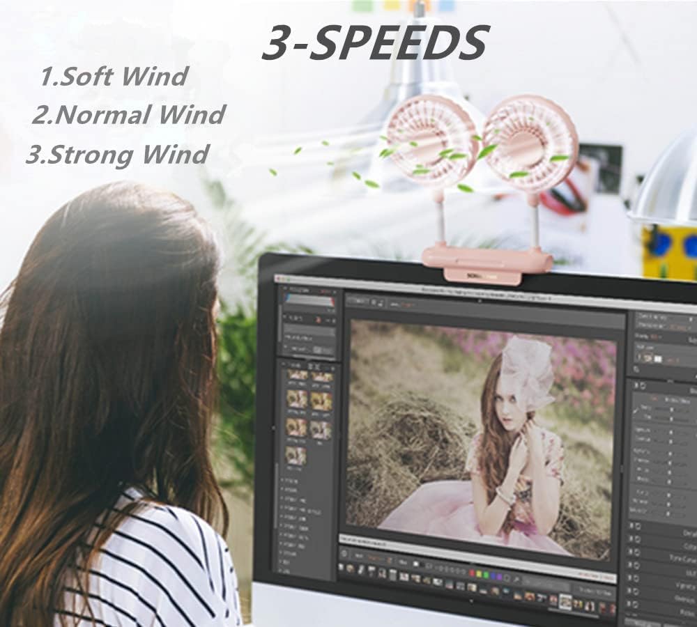 Monitor Fan with LED Lights, USB Desktop Fan with 2 Rotatable Heads, 3 Speeds Desk Fans Small Quiet with Sturdy Adjustable Clamp, Strong Wind Office Personal Cooling Fans for Laptop, Desktop.