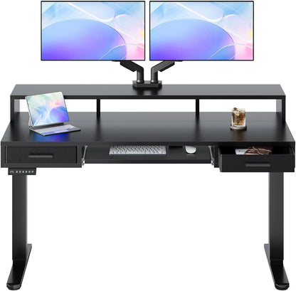 HUANUO 55″ x 26″ Electric Standing Desk with 2 Drawers &24.4″ Large Keyboard Tray, C-Clamp Mount Compatible, Adjustable Computer Desk for Office, Sit Stand Up Desk with 4 Height Presets, Light Walnut
