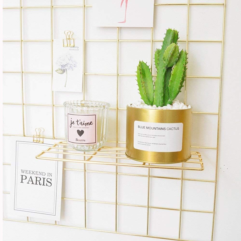 Grid Wall Shelves Basket with Hooks,Bookshelf,Display Shelf for Wall Grid Panel,Wall Mount Organizer and Storage Shelf Rack for Office (Gold)