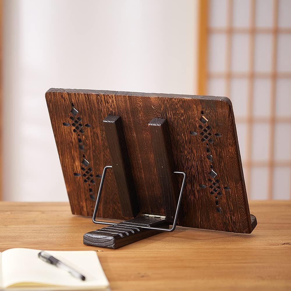 Book Stand with Page Clips, Foldable Reading Rest Holder, Portable Desk Bookrest, Cookbook/Tablet PC/Music Document Stand, Adjustable Wood Reading Frame (Chinese Knot, 13.2 x 9.5 inches)