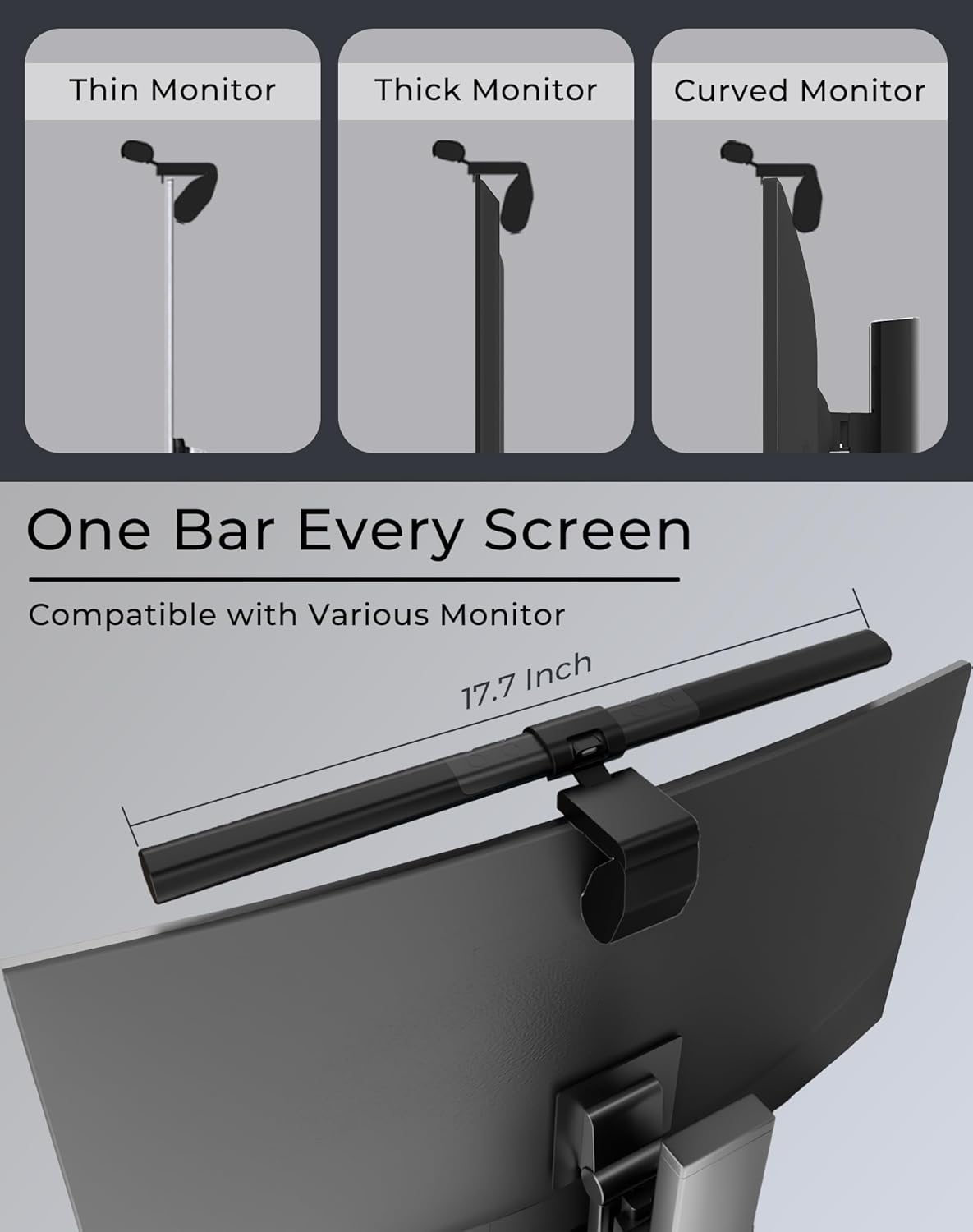 RGB Monitor Light Bar with Wireless Remote, Dual-Source Gaming Computer Lamp for Curved & Flat Monitors (0.39"-1.18"), Ambient Backlight, Stepless Dimming (Ra95), No Glare Desk Setup