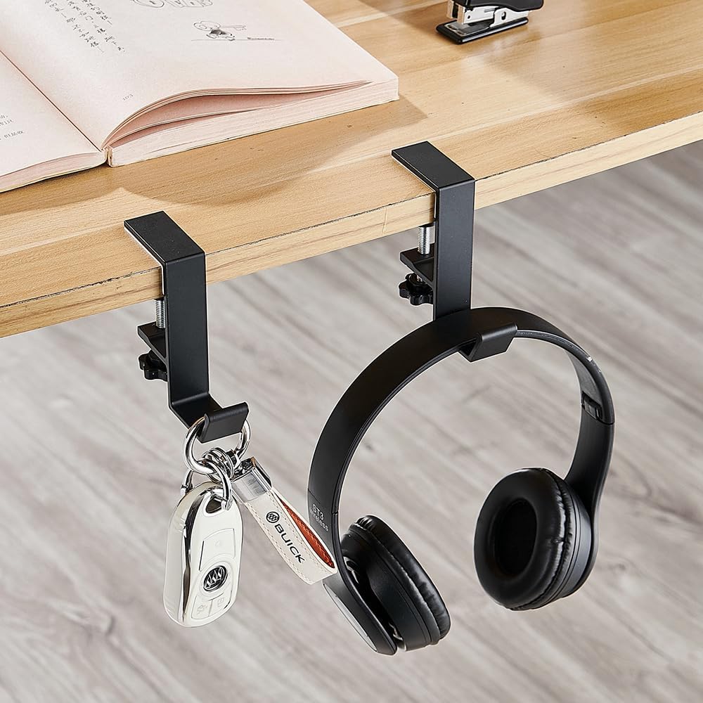 2Pcs Clamp-On Under Desk Headphone Holder Students' Desk Hook Women's Bag Hook with Adjustable Arm Clamp Backpack Handbag and Purse Holder - Suitable for Plate Between 1-5cm / 0.4-1.96” - White