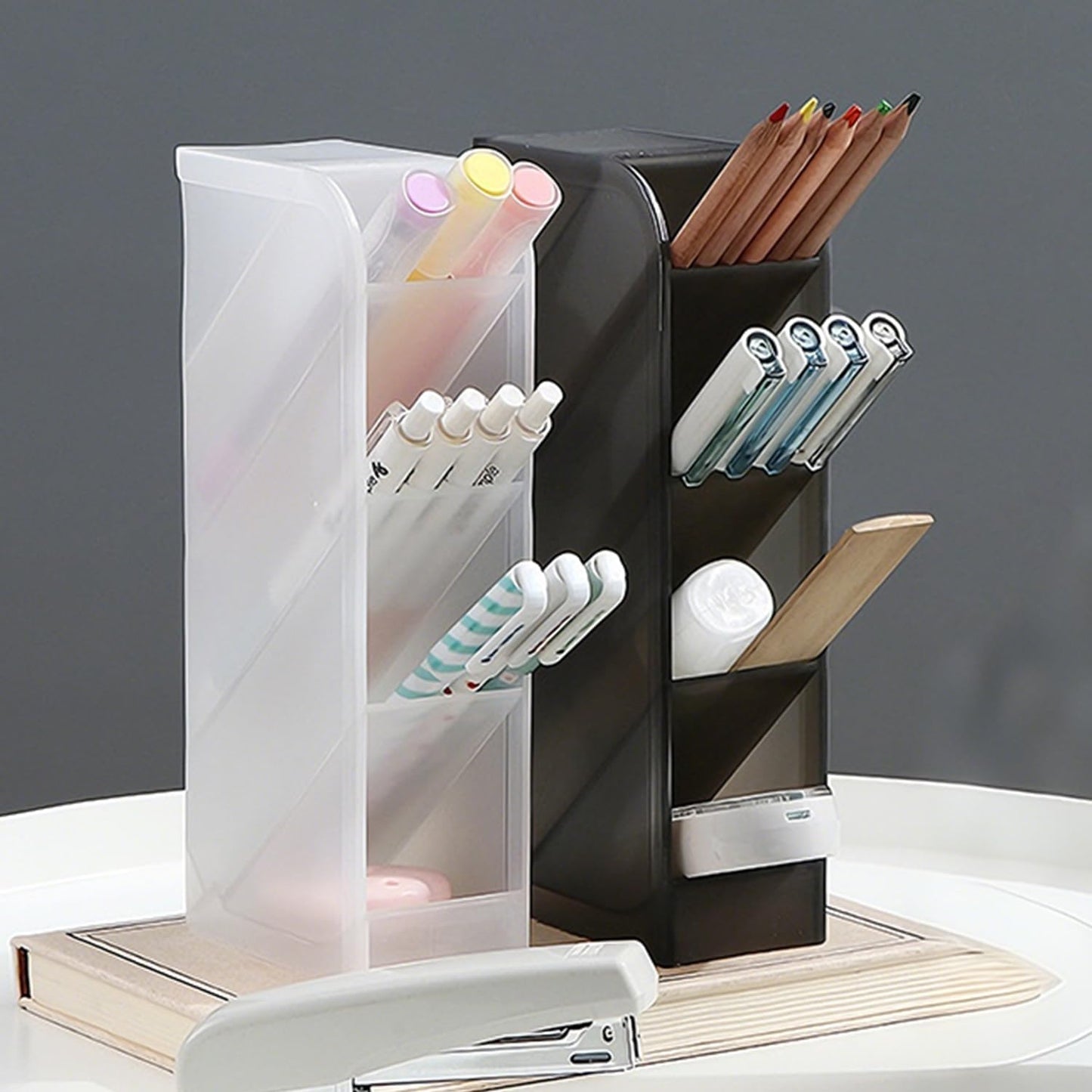 Angled Pen Holder Desk Organizer, 4 Grids Vertical Marker Organizer Pen Display Holder for Desk Stationery Pencil Storage