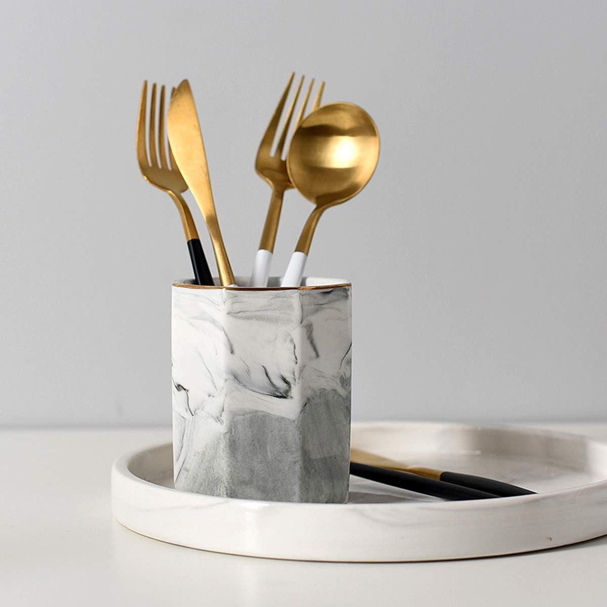 Pen Holder, Pencil Holder for Desk, Marble Desk Organizer Cute, Durable Ceramic Pencil Cup, Decorative Makeup Brush Holder Cup, Stationery Holder for Office, Home, Gray Marble