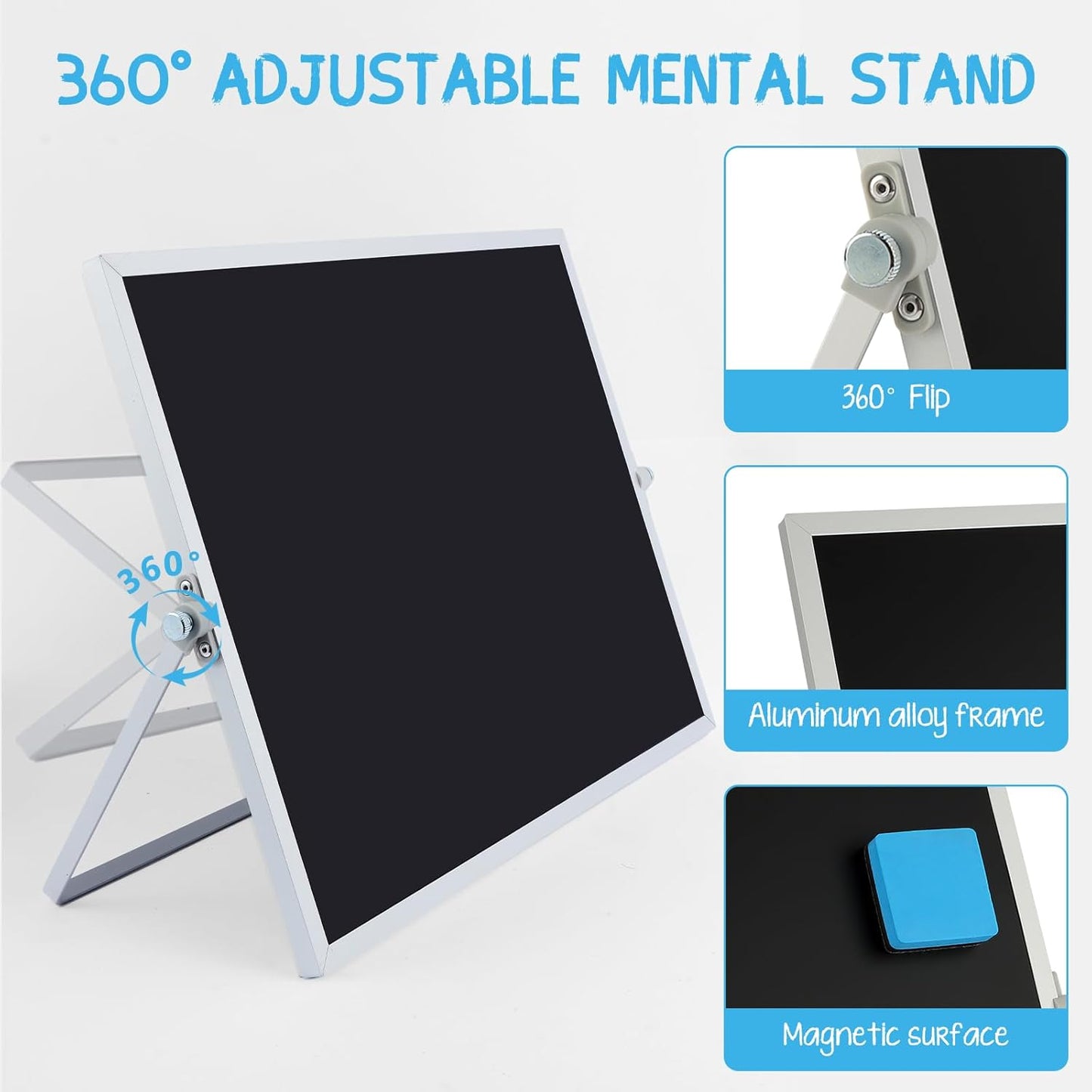 Small Magnetic Chalk Board Easel 10"X10", Double-Sided Tabletop & Wall Hanging Chalkboard with 4 Chalks & Eraser, Desktop Mini Black Board Sign for Office Desk Home Menu and School