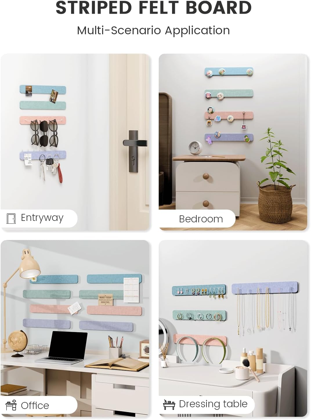 Fluxynara Cork Board Alternative Felt Strip Board 8-Pack 13"x2", Office Pin Board with 50 Push Pins, Adhesive Install for Bedroom Door & Home Office(Linen Dusk)