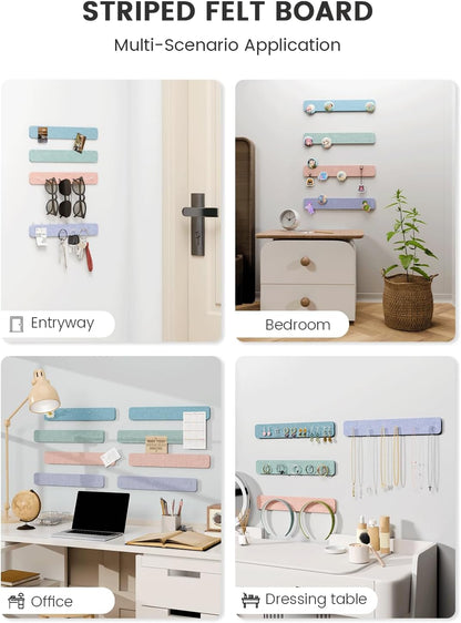 Fluxynara Cork Board Alternative Felt Strip Board 8-Pack 13"x2", Office Pin Board with 50 Push Pins, Adhesive Install for Bedroom Door & Home Office(Linen Dusk)